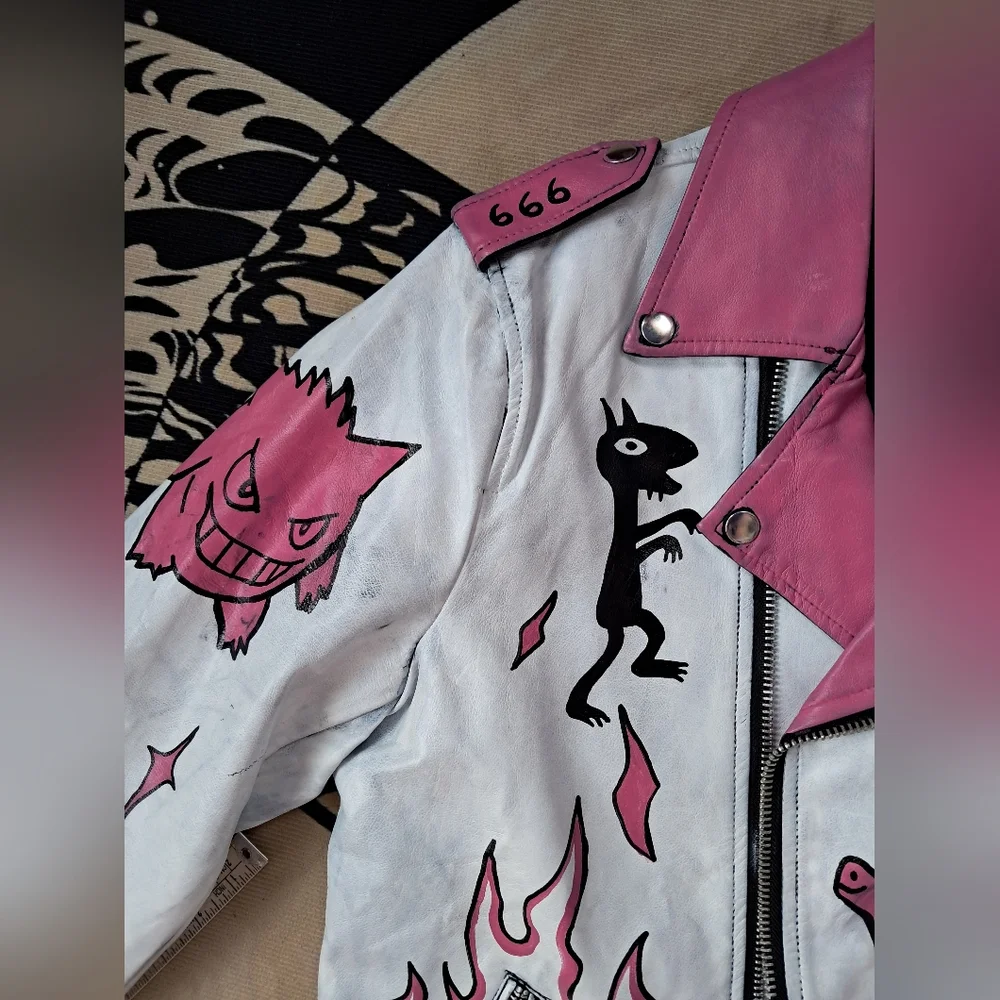 SOLD @MARKET  Fun kawaii goth custom hand painted OOAK faux leather jacket - Picture 5 of 15
